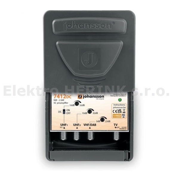 Johansson 7412 DC    zesilovač VHF / DAB / 2x UHF, až 32 dB, 12-24 V, LTE 5G