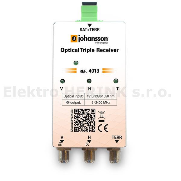 Johansson 4013   optický přijímač 1310 / 1330 / 1550 nm / výstup 3x 5-2400 MHz