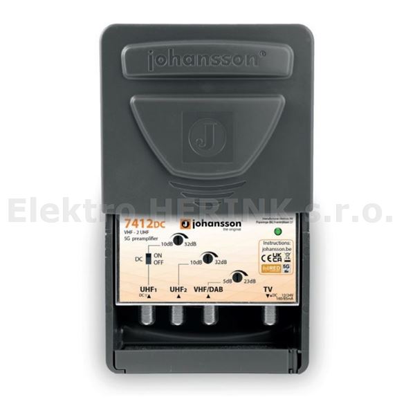 Johansson 7412 DC    zesilovač VHF / DAB / 2x UHF, až 32 dB, 12-24 V, LTE 5G